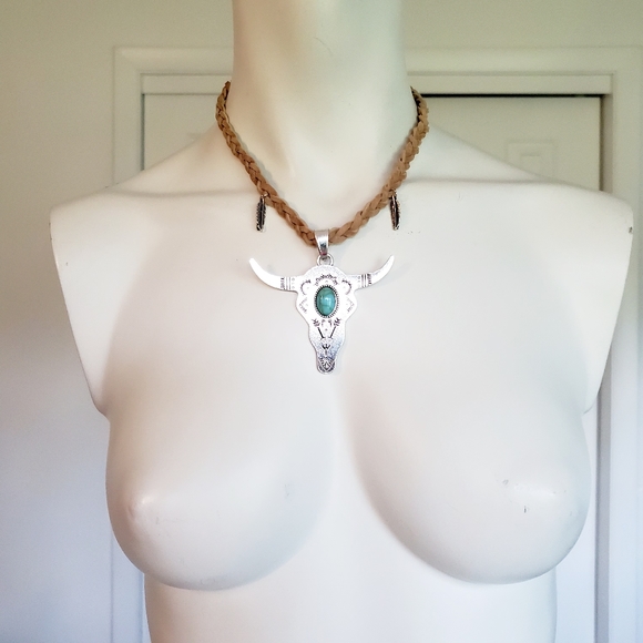 Turquoise Steer Head Western Necklace /choker - Picture 3 of 10